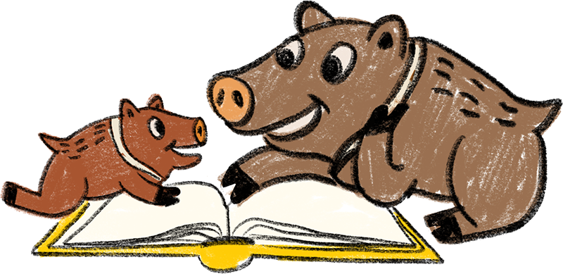 Cartoon javelina family reading a book together