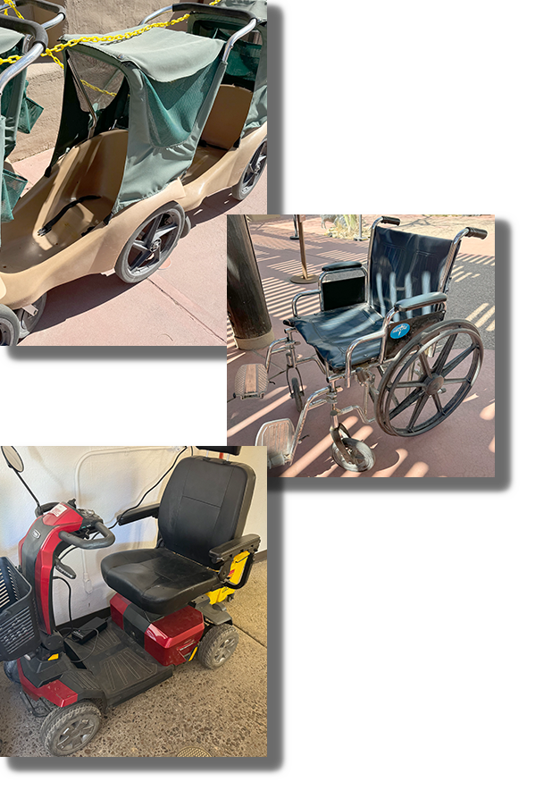 Photos of a stroller, a wheelchair, and an electric scooter