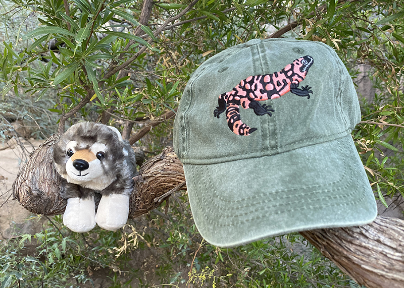 Wolf plush animal and Gila monster hat