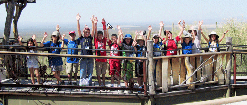 Group of schoolchilden on wooden bridge