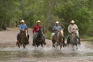 Cowboys crossing a river