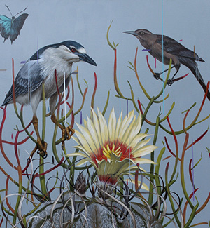 Frank Gonzales art shows a butterfly and two birds above a cactus flower