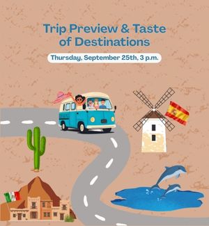 A graphic of a women traveling in a van to different travel destinations