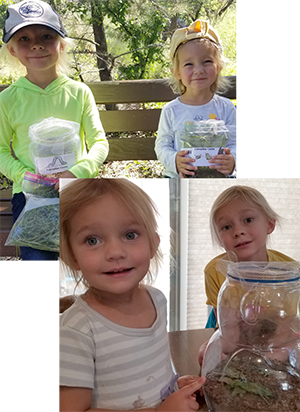 Matilda and Evelyn hold their casita materials (left) and later marvel at Greenie's emergence (right)