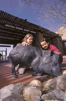 Children interacting with bronze javelinas